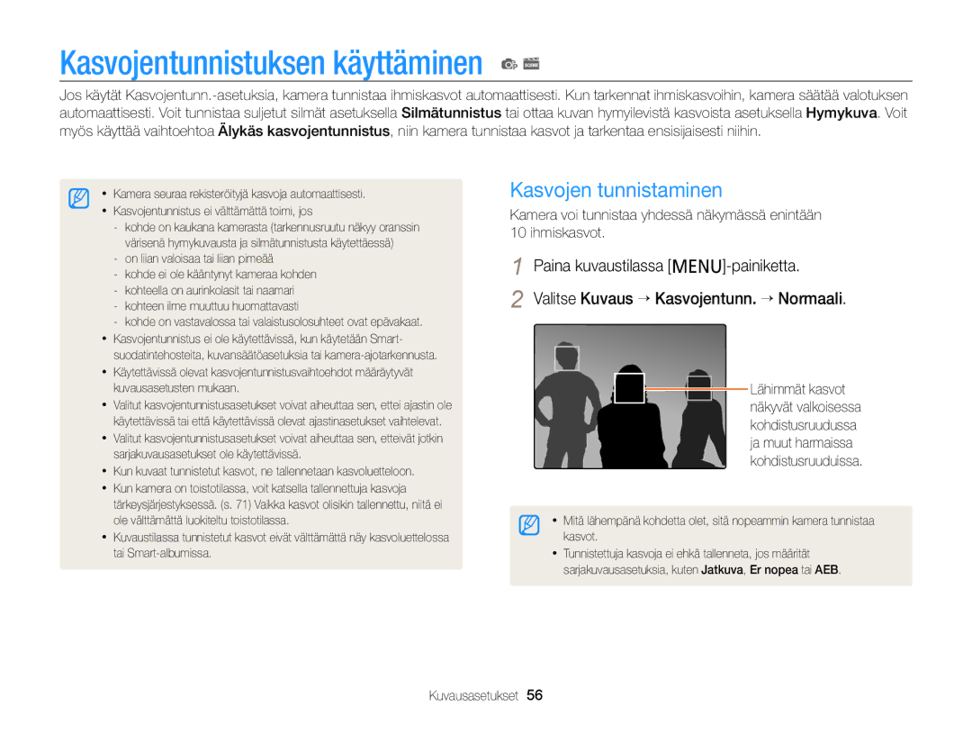 Samsung EC-PL210ZBPBE2, EC-PL120ZBPSE2, EC-PL20ZZBPSE2 manual Kasvojentunnistuksen käyttäminen p s, Kasvojen tunnistaminen 