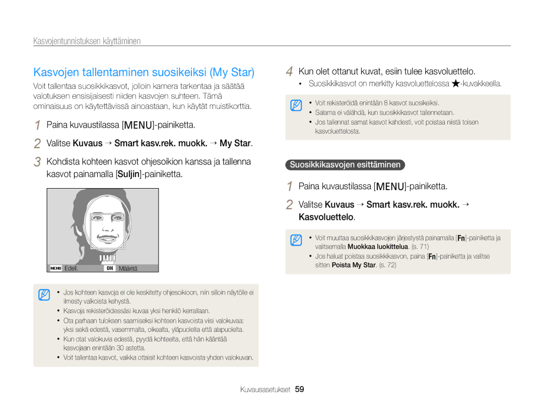 Samsung EC-PL120ZFPLE2 manual Kasvojen tallentaminen suosikeiksi My Star, Kun olet ottanut kuvat, esiin tulee kasvoluettelo 