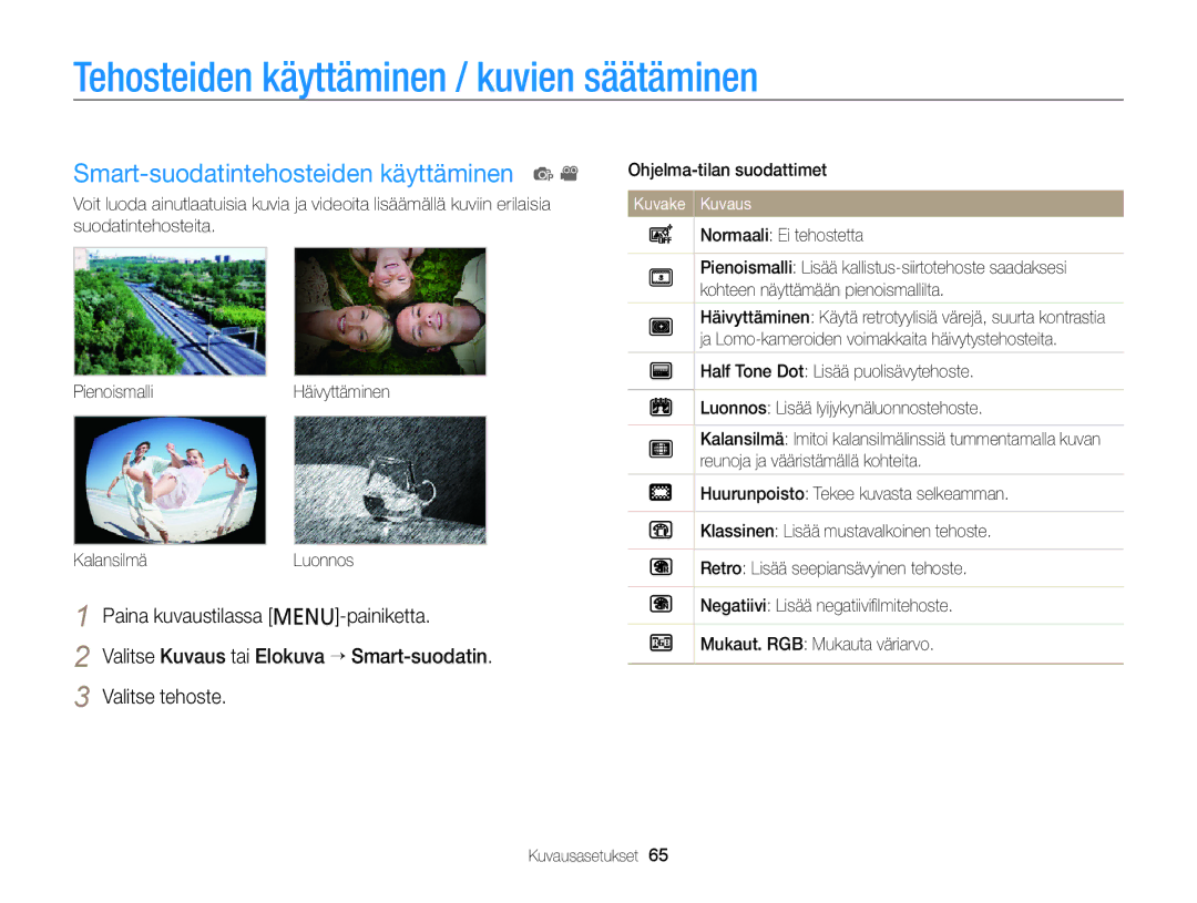 Samsung EC-PL20ZZBPSE2 manual Tehosteiden käyttäminen / kuvien säätäminen, Smart-suodatintehosteiden käyttäminen p 