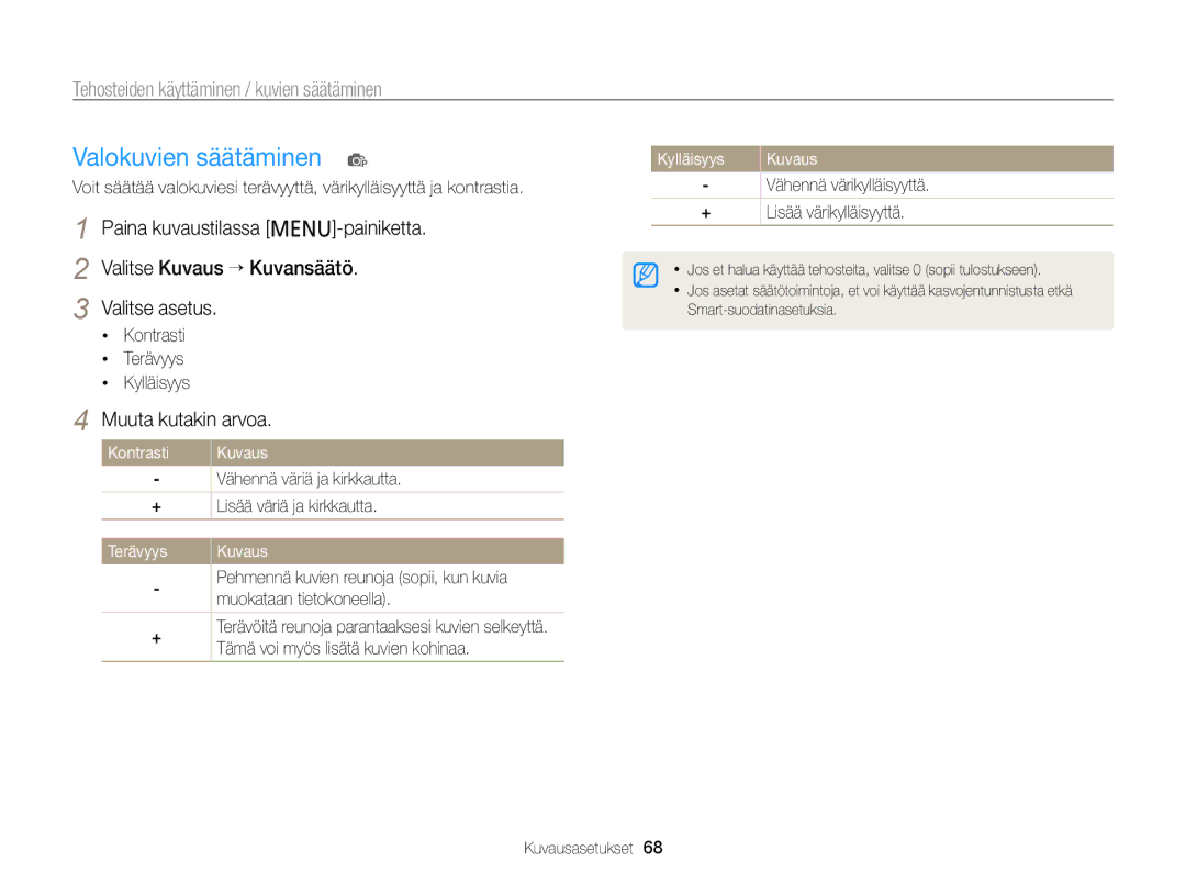 Samsung EC-PL120ZFPSE2 manual Valokuvien säätäminen p, Muuta kutakin arvoa, Kontrasti, Terävyys Kuvaus, Kylläisyys 