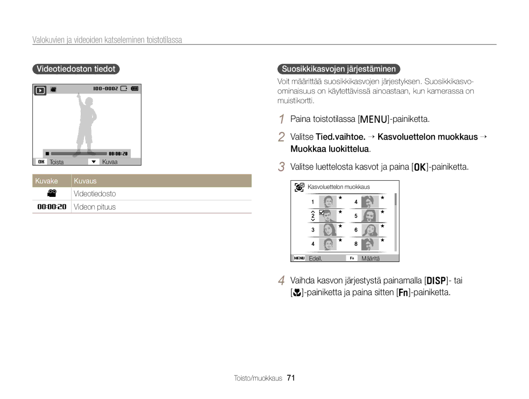 Samsung EC-PL20ZZBPBE2 manual Valokuvien ja videoiden katseleminen toistotilassa, Paina toistotilassa m-painiketta 