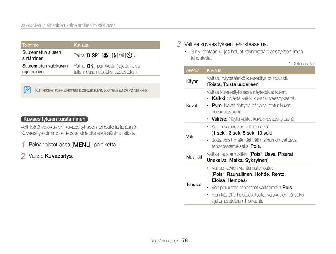 Samsung EC-PL20ZZBPRE2, EC-PL120ZBPSE2 manual Kuvaesityksen toistaminen, Asetus Kuvaus Käynn, Toista, Toista uudelleen 