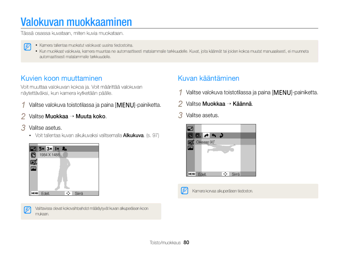 Samsung EC-PL120ZBPLE2, EC-PL120ZBPSE2, EC-PL20ZZBPSE2 Valokuvan muokkaaminen, Kuvien koon muuttaminen, Kuvan kääntäminen 