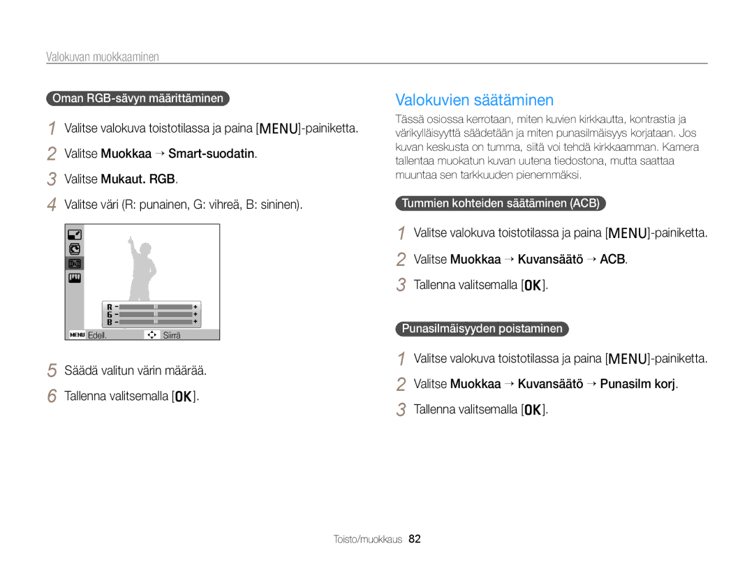 Samsung EC-PL210ZBPBE2 Valokuvien säätäminen, Valokuvan muokkaaminen, Säädä valitun värin määrää Tallenna valitsemalla o 