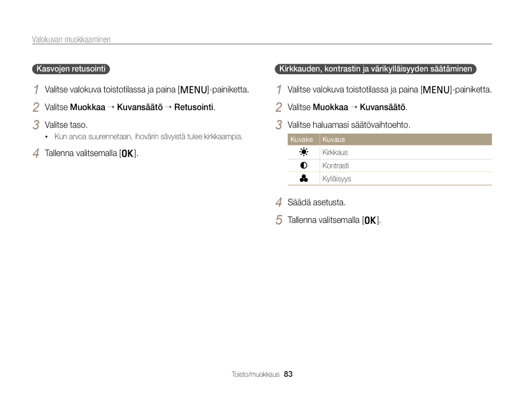 Samsung EC-PL20ZZBPPE2, EC-PL120ZBPSE2 manual Valitse taso, Säädä asetusta Tallenna valitsemalla o, Kasvojen retusointi 