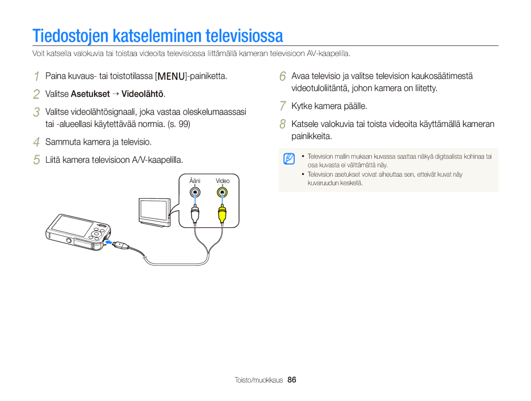 Samsung EC-PL120ZBPPE2, EC-PL120ZBPSE2, EC-PL20ZZBPSE2 Tiedostojen katseleminen televisiossa, Sammuta kamera ja televisio 