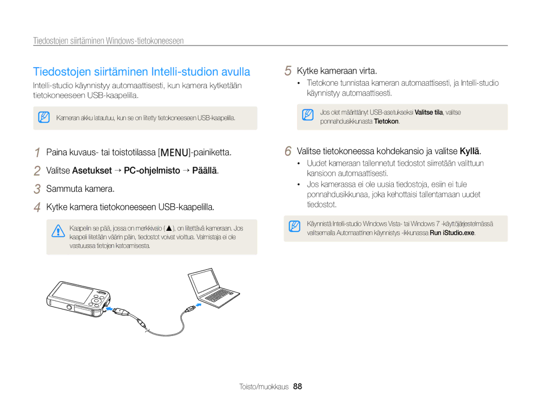 Samsung EC-PL120ZBPBE2 Tiedostojen siirtäminen Intelli-studion avulla, Tiedostojen siirtäminen Windows-tietokoneeseen 