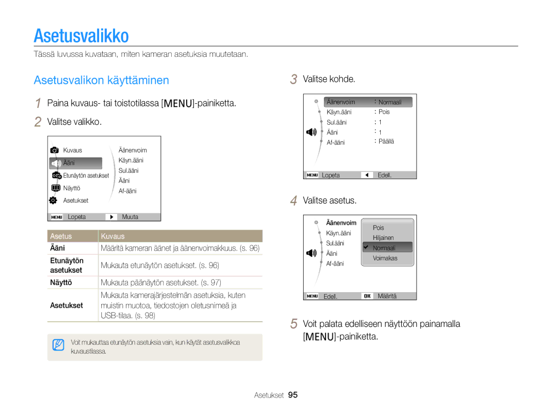 Samsung EC-PL210ZBPBE2, EC-PL120ZBPSE2, EC-PL20ZZBPSE2 manual Asetusvalikko, Asetusvalikon käyttäminen, Valitse kohde 