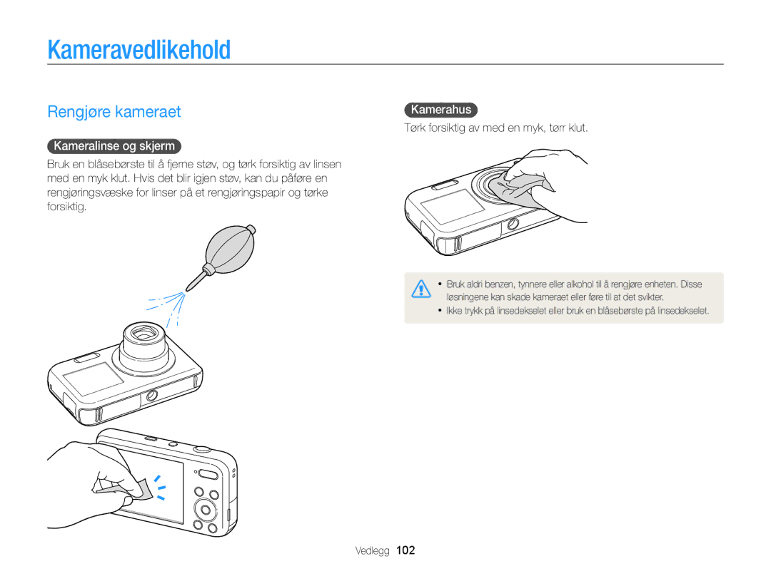 Samsung EC-PL20ZZBPRE2, EC-PL120ZBPSE2 manual Kameravedlikehold, Rengjøre kameraet, Kameralinse og skjerm, Kamerahus 