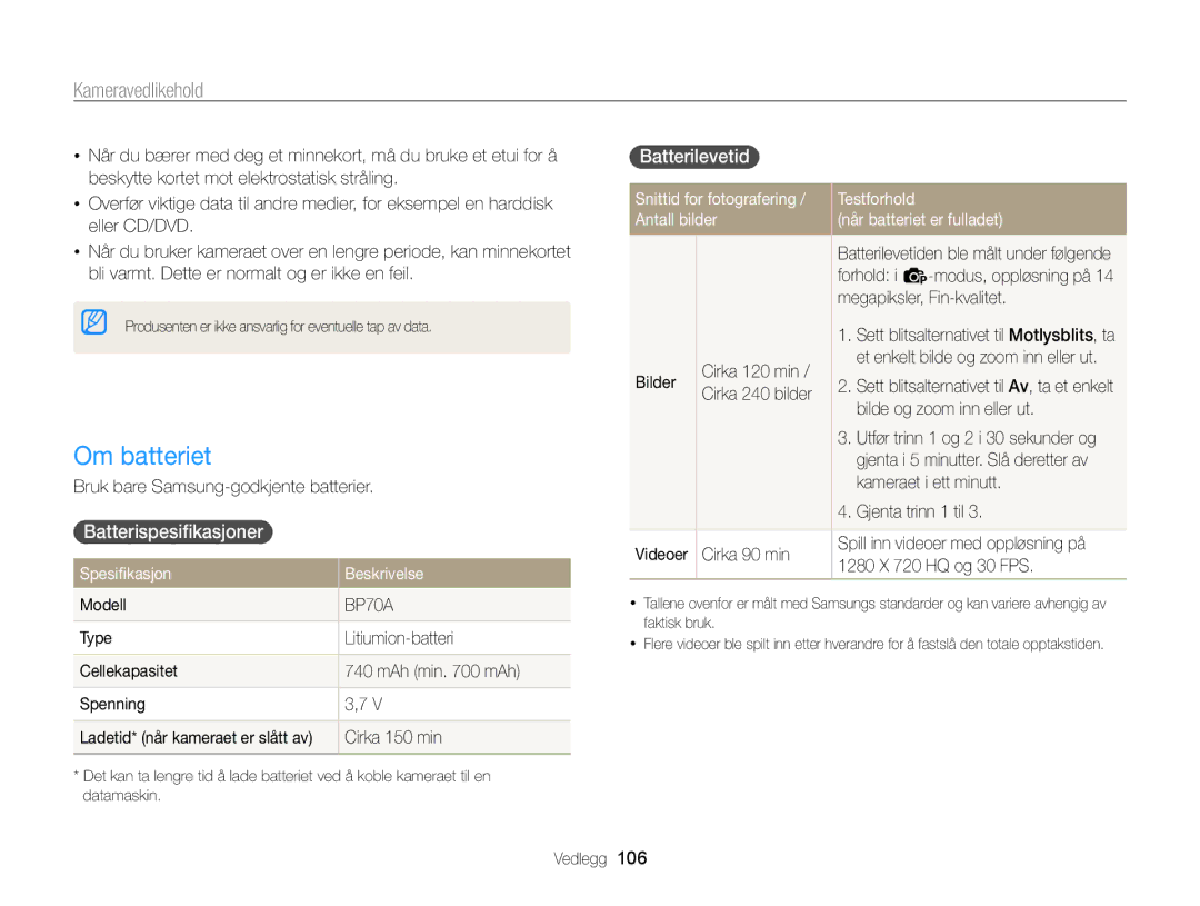 Samsung EC-PL120ZBPLE2, EC-PL120ZBPSE2 manual Om batteriet, Batterispesiﬁkasjoner, Batterilevetid, Spesiﬁkasjon Beskrivelse 