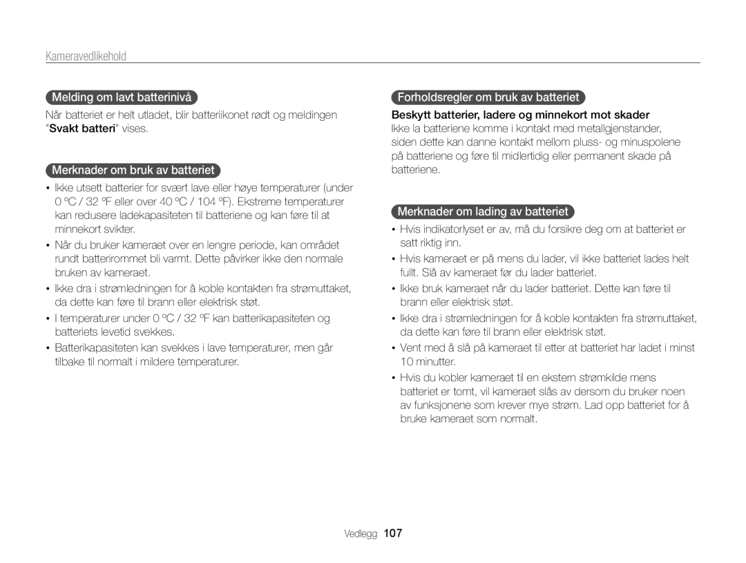 Samsung EC-PL120ZFPSE2 Melding om lavt batterinivå, Merknader om bruk av batteriet, Forholdsregler om bruk av batteriet 