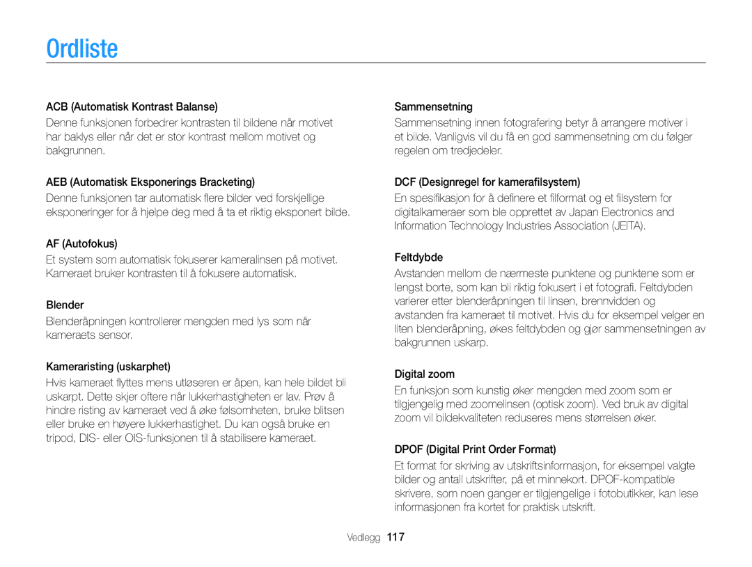 Samsung EC-PL20ZZBPSE2, EC-PL120ZBPSE2 manual Ordliste, AF Autofokus, Digital zoom, Dpof Digital Print Order Format 