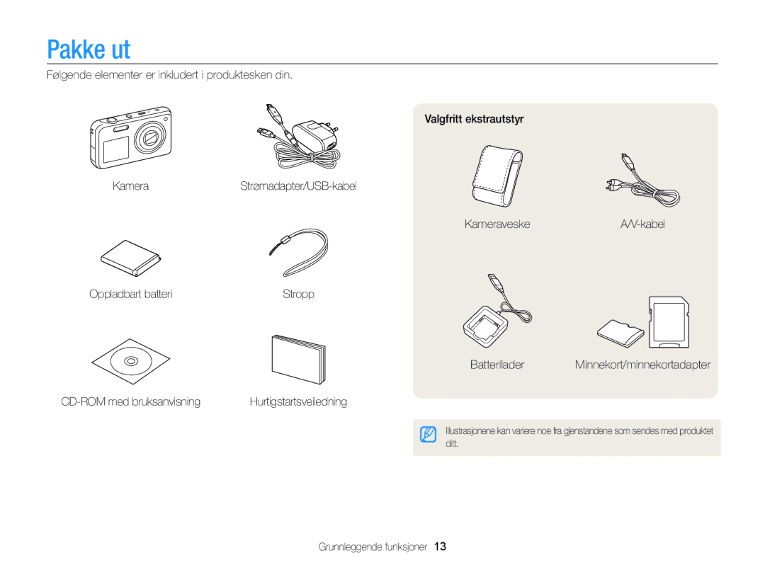 Samsung EC-PL20ZZBPSE2, EC-PL120ZBPSE2, EC-PL210ZBPPE2 manual Pakke ut, CD-ROM med bruksanvisning, Grunnleggende funksjoner 