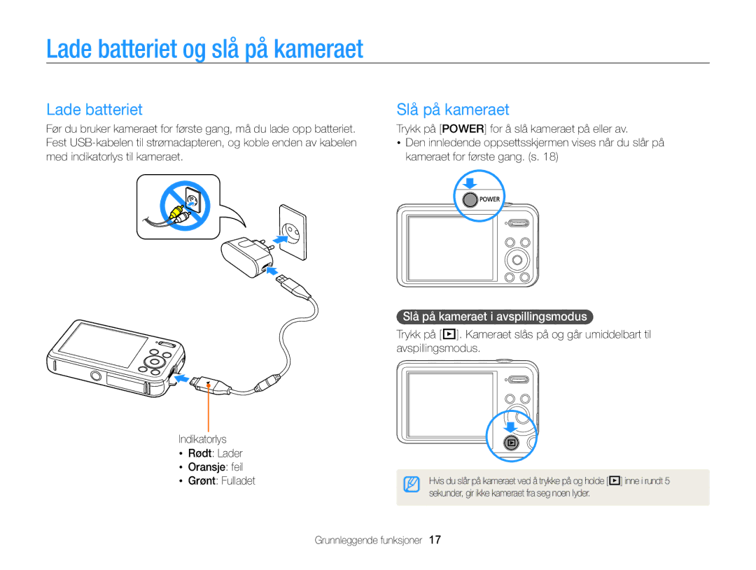 Samsung EC-PL210ZBPBE2, EC-PL120ZBPSE2 manual Lade batteriet og slå på kameraet, Slå på kameraet i avspillingsmodus 