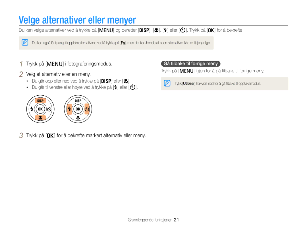 Samsung EC-PL120ZBPPE2 manual Velge alternativer eller menyer, Trykk på o for å bekrefte markert alternativ eller meny 