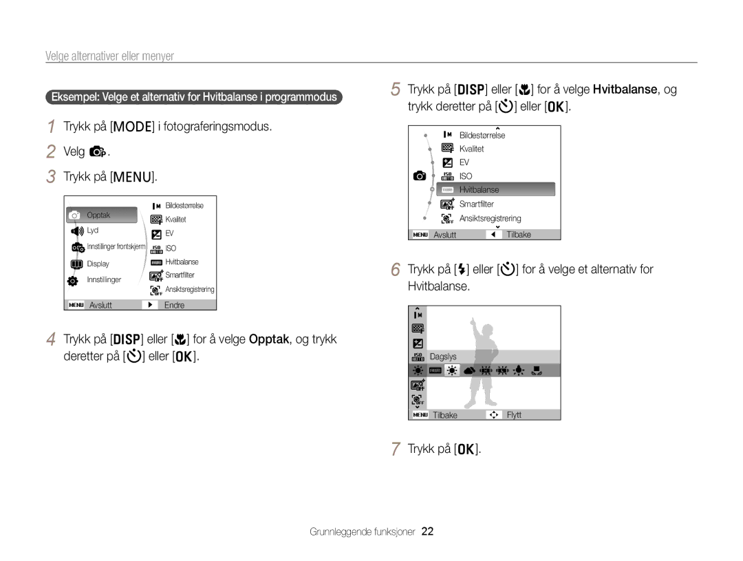 Samsung EC-PL120ZFPBE2, EC-PL120ZBPSE2, EC-PL20ZZBPSE2, EC-PL210ZBPPE2, EC-PL120ZBPLE2 manual Velge alternativer eller menyer 