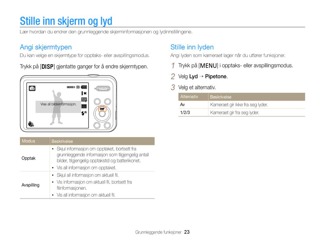 Samsung EC-PL120ZBPBE2, EC-PL120ZBPSE2, EC-PL20ZZBPSE2 manual Stille inn skjerm og lyd, Angi skjermtypen, Stille inn lyden 