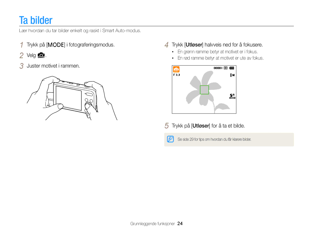 Samsung EC-PL20ZZBPRE2, EC-PL120ZBPSE2, EC-PL20ZZBPSE2, EC-PL210ZBPPE2 manual Ta bilder, Trykk på Utløser for å ta et bilde 