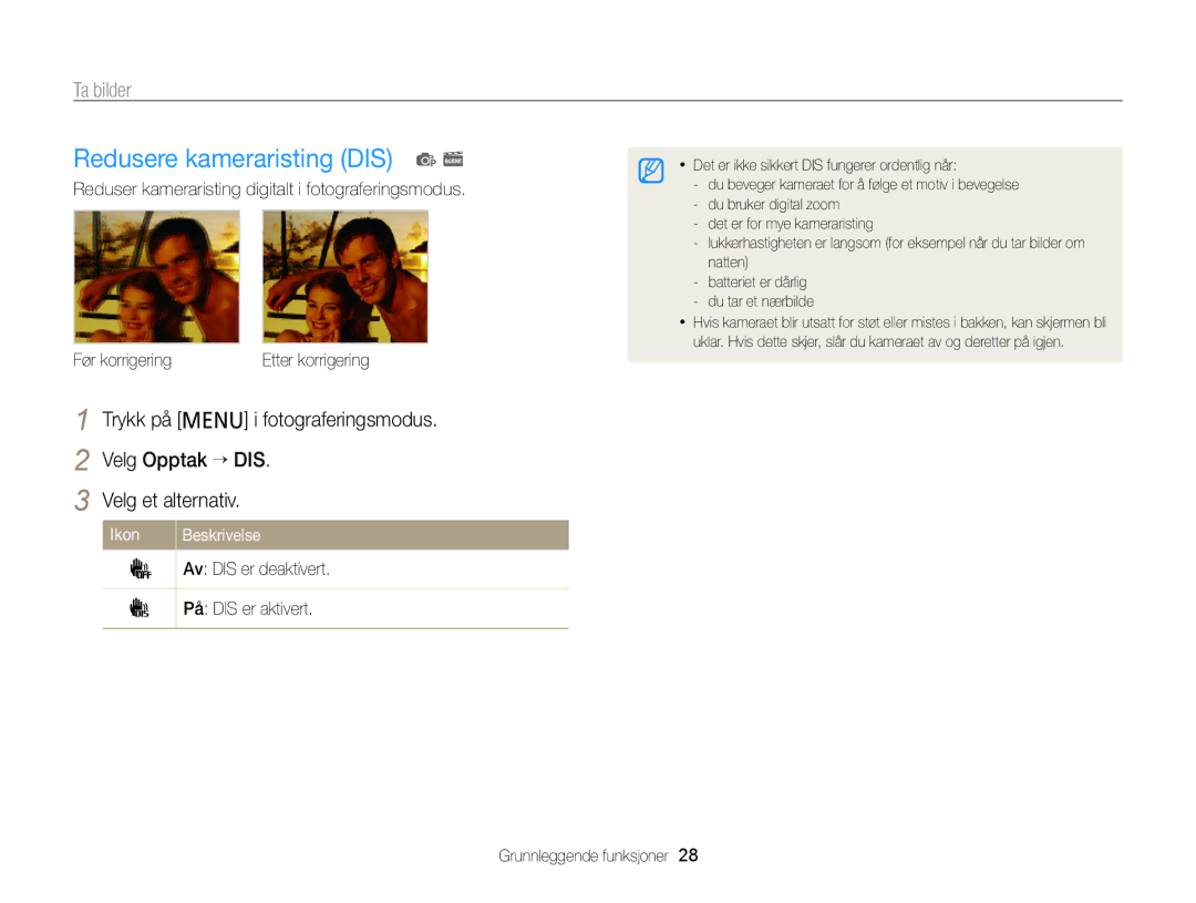 Samsung EC-PL120ZBPLE2 manual Redusere kameraristing DIS p s, Ikon Beskrivelse Av DIS er deaktivert På DIS er aktivert 