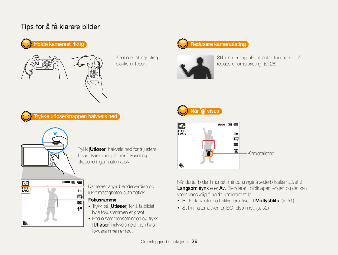 Samsung EC-PL120ZFPSE2 manual Holde kameraet riktig, Trykke utløserknappen halvveis ned, Redusere kameraristing, Når vises 