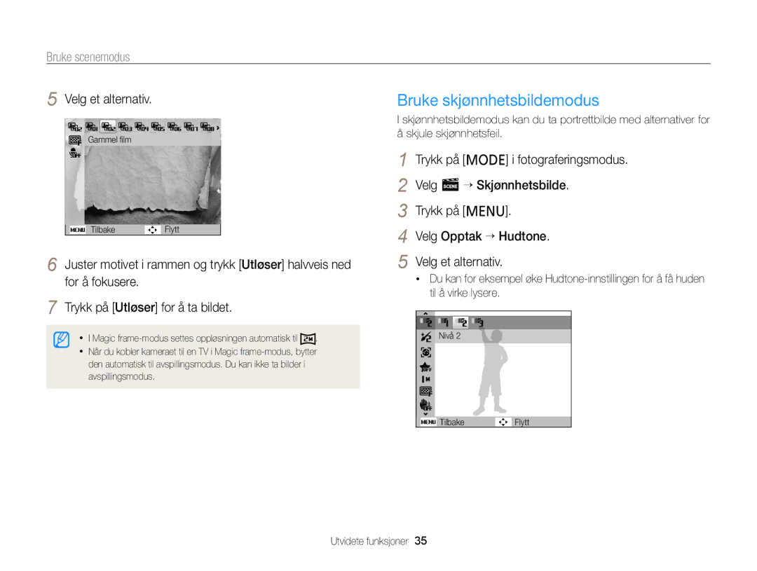 Samsung EC-PL120ZFPBE2, EC-PL120ZBPSE2, EC-PL20ZZBPSE2, EC-PL210ZBPPE2 manual Bruke skjønnhetsbildemodus, Bruke scenemodus 