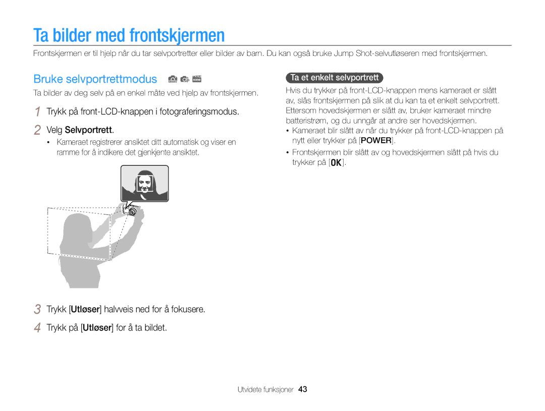 Samsung EC-PL210ZBPBE2 manual Ta bilder med frontskjermen, Bruke selvportrettmodus S p s, Ta et enkelt selvportrett 