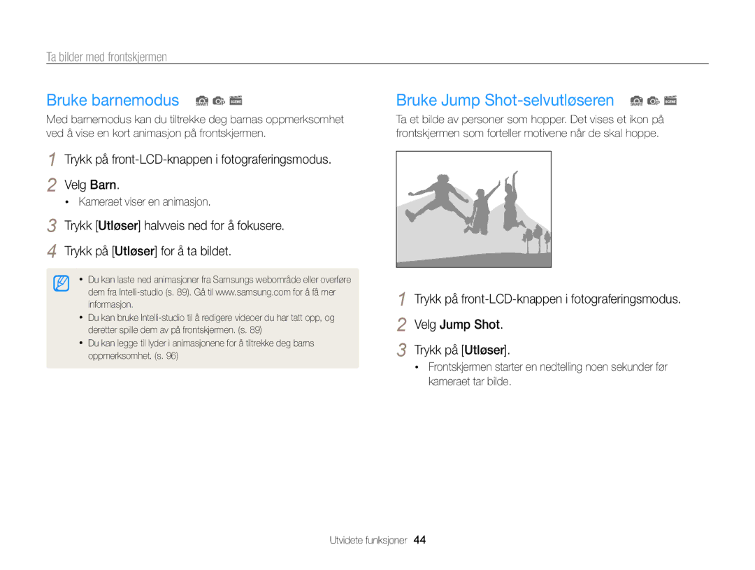 Samsung EC-PL20ZZBPPE2 manual Bruke barnemodus S p s, Bruke Jump Shot-selvutløseren S p s, Ta bilder med frontskjermen 