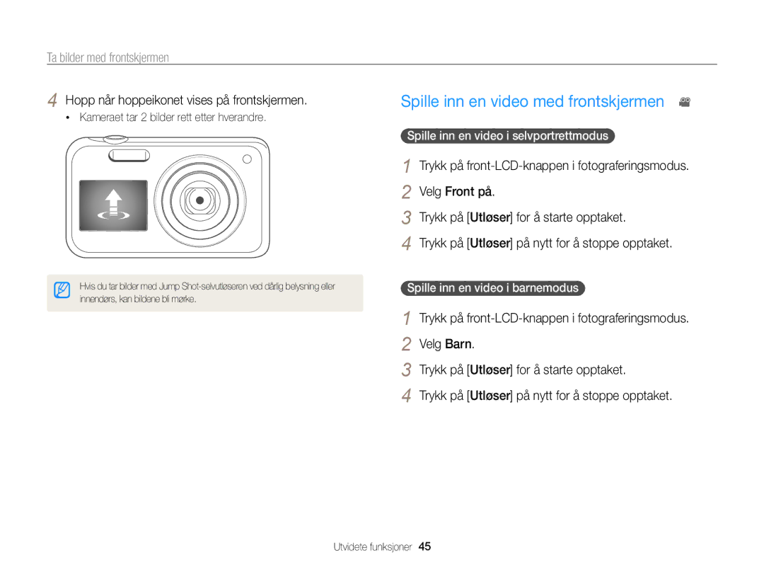 Samsung EC-PL20ZZBPBE2, EC-PL120ZBPSE2 Spille inn en video med frontskjermen, Hopp når hoppeikonet vises på frontskjermen 