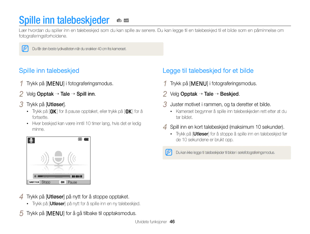 Samsung EC-PL120ZFPLE2, EC-PL120ZBPSE2, EC-PL20ZZBPSE2 Spille inn talebeskjeder p s, Legge til talebeskjed for et bilde 