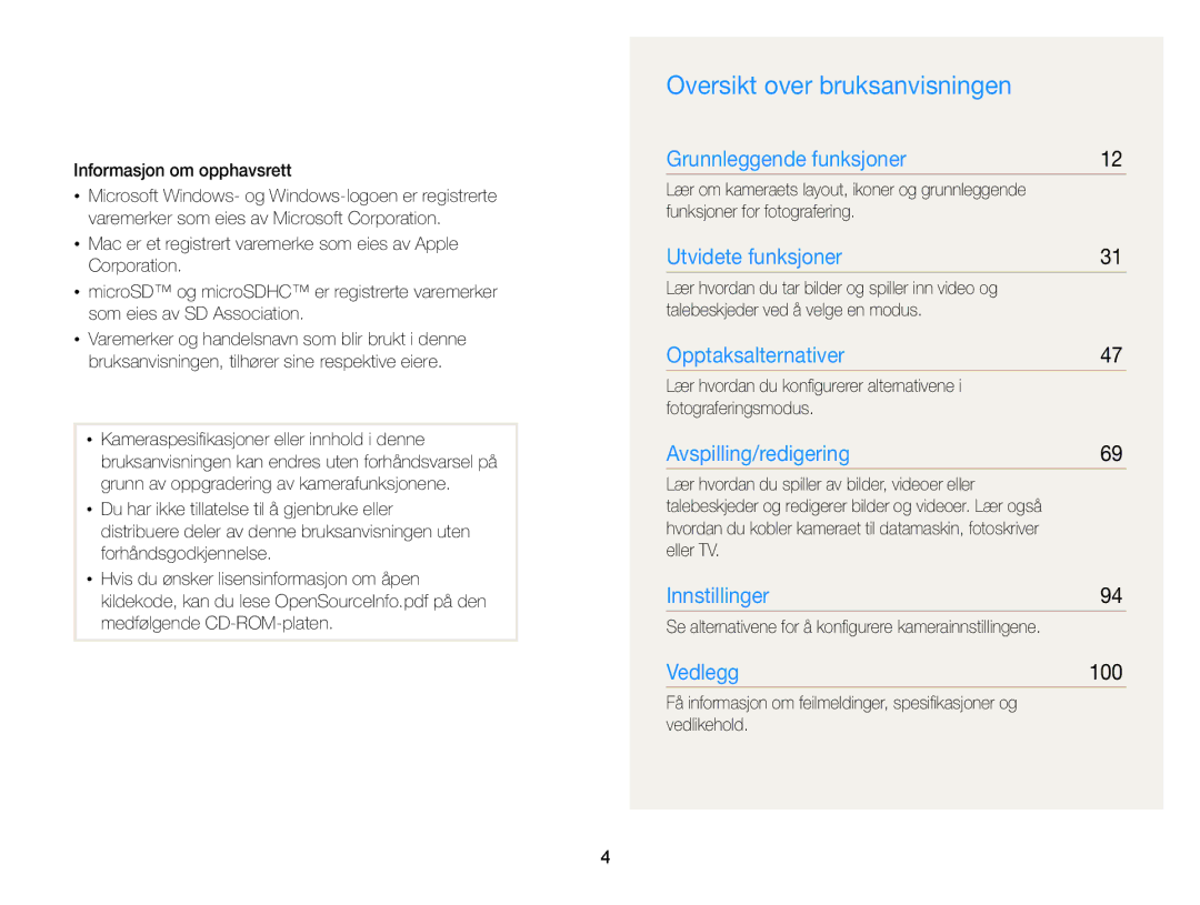 Samsung EC-PL210ZBPBE2, EC-PL120ZBPSE2, EC-PL20ZZBPSE2, EC-PL210ZBPPE2, EC-PL120ZBPLE2 Oversikt over bruksanvisningen, 100 