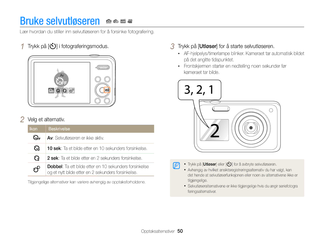 Samsung EC-PL20ZZBPRE2, EC-PL120ZBPSE2 manual Bruke selvutløseren S p s, Trykk på t i fotograferingsmodus Velg et alternativ 