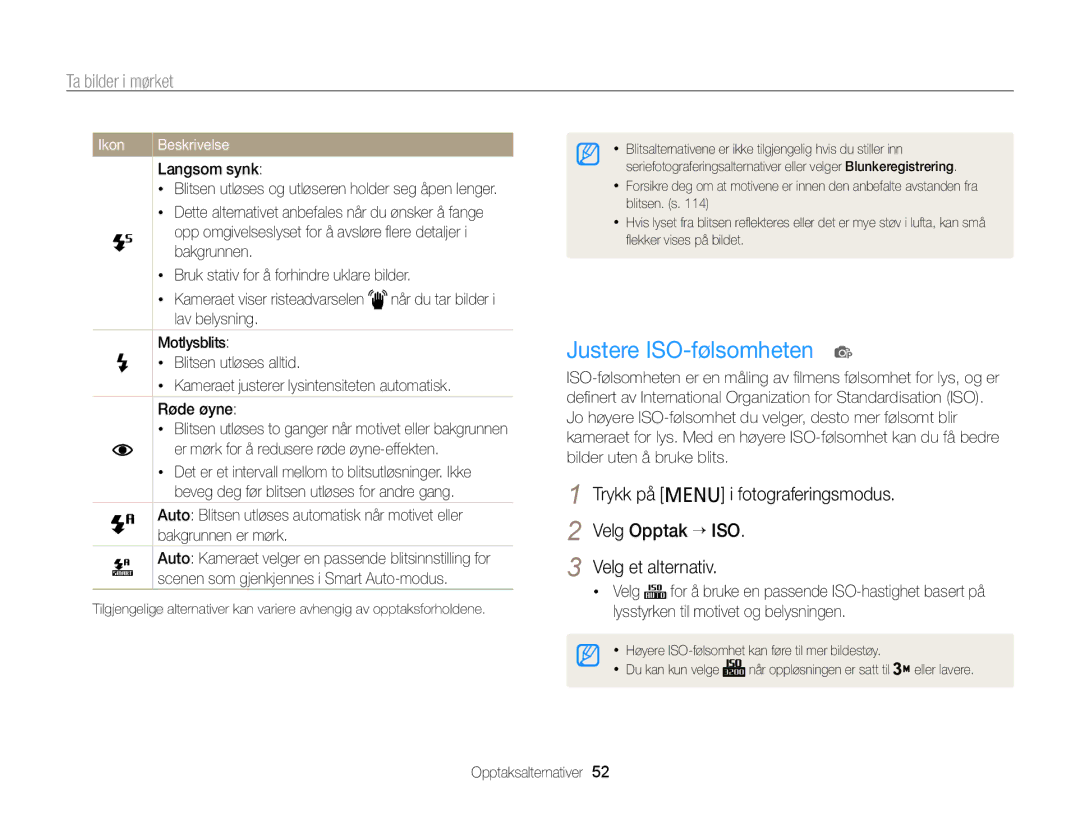 Samsung EC-PL20ZZBPSE2 manual Justere ISO-følsomheten p, Ta bilder i mørket, Er mørk for å redusere røde øyne-effekten 