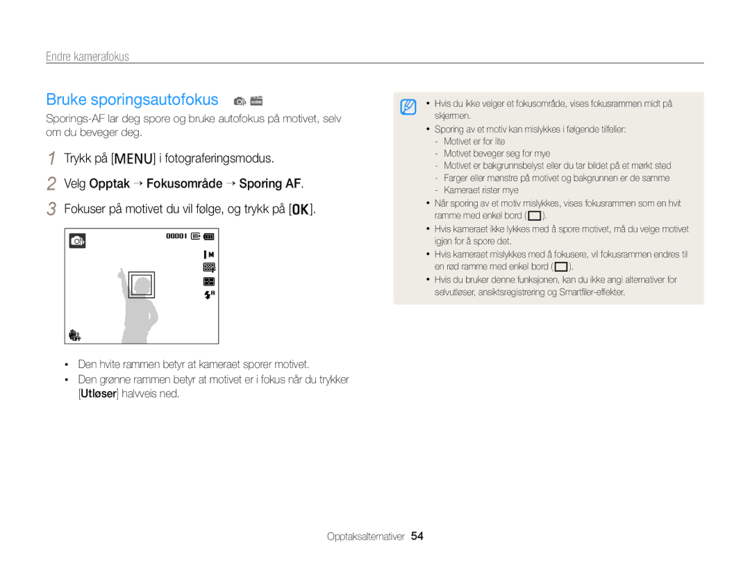 Samsung EC-PL120ZBPLE2, EC-PL120ZBPSE2, EC-PL20ZZBPSE2, EC-PL210ZBPPE2 manual Bruke sporingsautofokus p s, Endre kamerafokus 