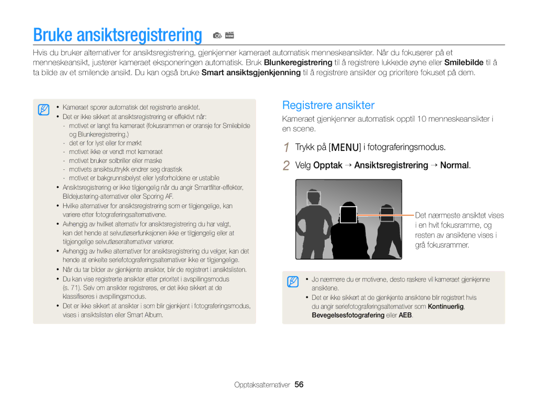 Samsung EC-PL210ZBPBE2, EC-PL120ZBPSE2, EC-PL20ZZBPSE2, EC-PL210ZBPPE2 Bruke ansiktsregistrering p s, Registrere ansikter 