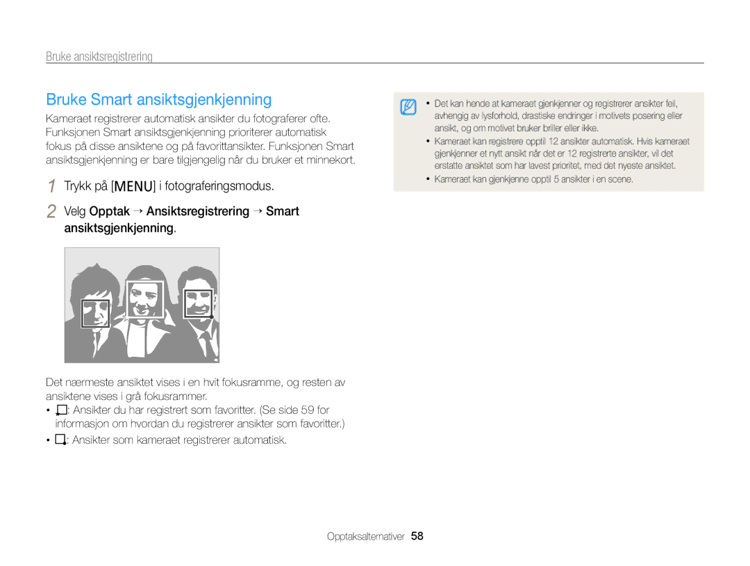 Samsung EC-PL20ZZBPBE2, EC-PL120ZBPSE2 manual Bruke Smart ansiktsgjenkjenning, Ansikter som kameraet registrerer automatisk 