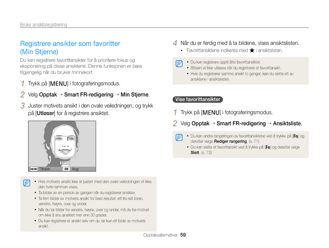 Samsung EC-PL120ZFPLE2 Registrere ansikter som favoritter Min Stjerne, Favorittansiktene indikeres med i ansiktslisten 