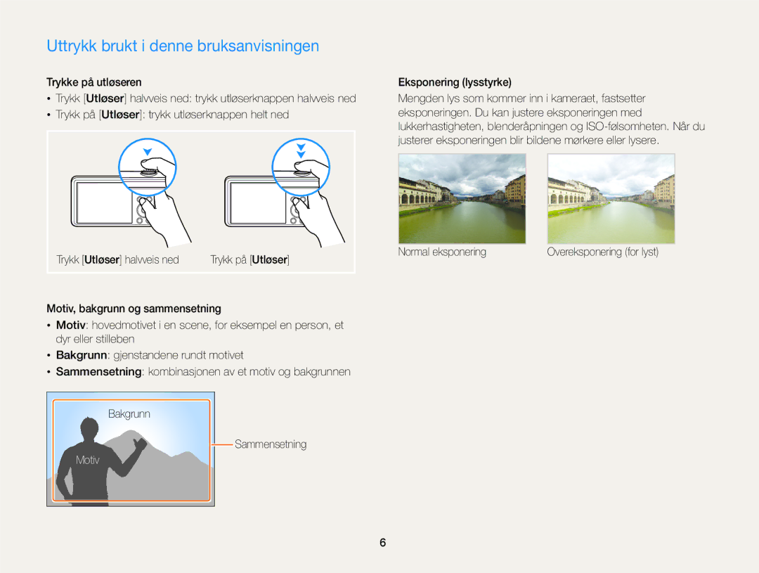 Samsung EC-PL20ZZBPBE2 manual Uttrykk brukt i denne bruksanvisningen, Motiv, Eksponering lysstyrke, Normal eksponering 