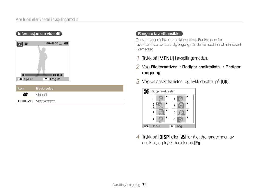Samsung EC-PL20ZZBPBE2 manual Vise bilder eller videoer i avspillingsmodus, Trykk på m i avspillingsmodus, Rangering 