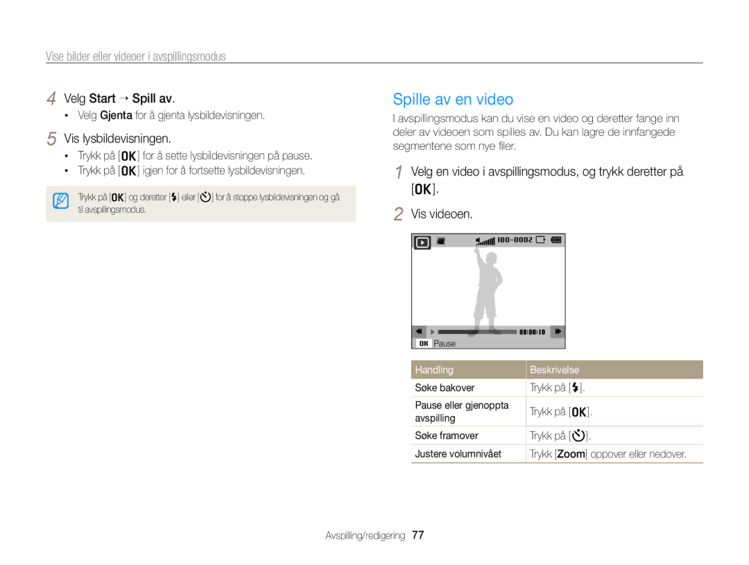 Samsung EC-PL120ZBPSE2, EC-PL20ZZBPSE2 manual Spille av en video, Velg Start “ Spill av, Vis lysbildevisningen, Vis videoen 