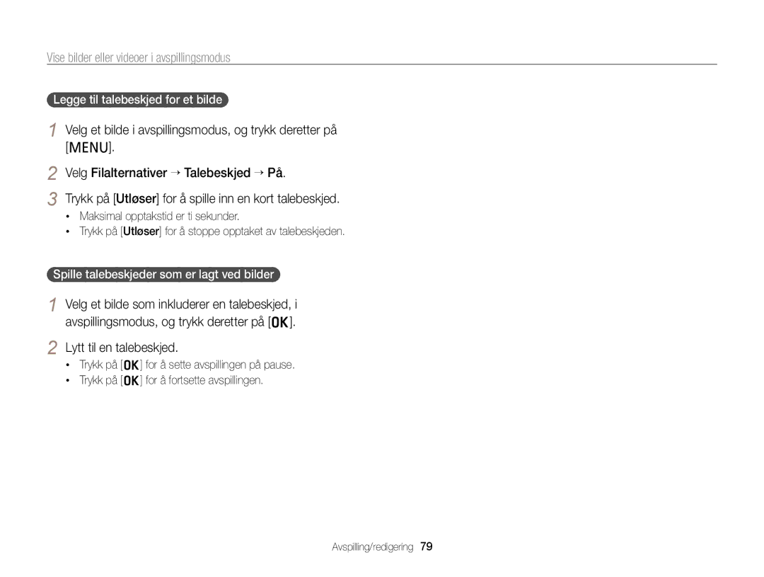 Samsung EC-PL210ZBPPE2, EC-PL120ZBPSE2, EC-PL20ZZBPSE2 manual Lytt til en talebeskjed, Legge til talebeskjed for et bilde 