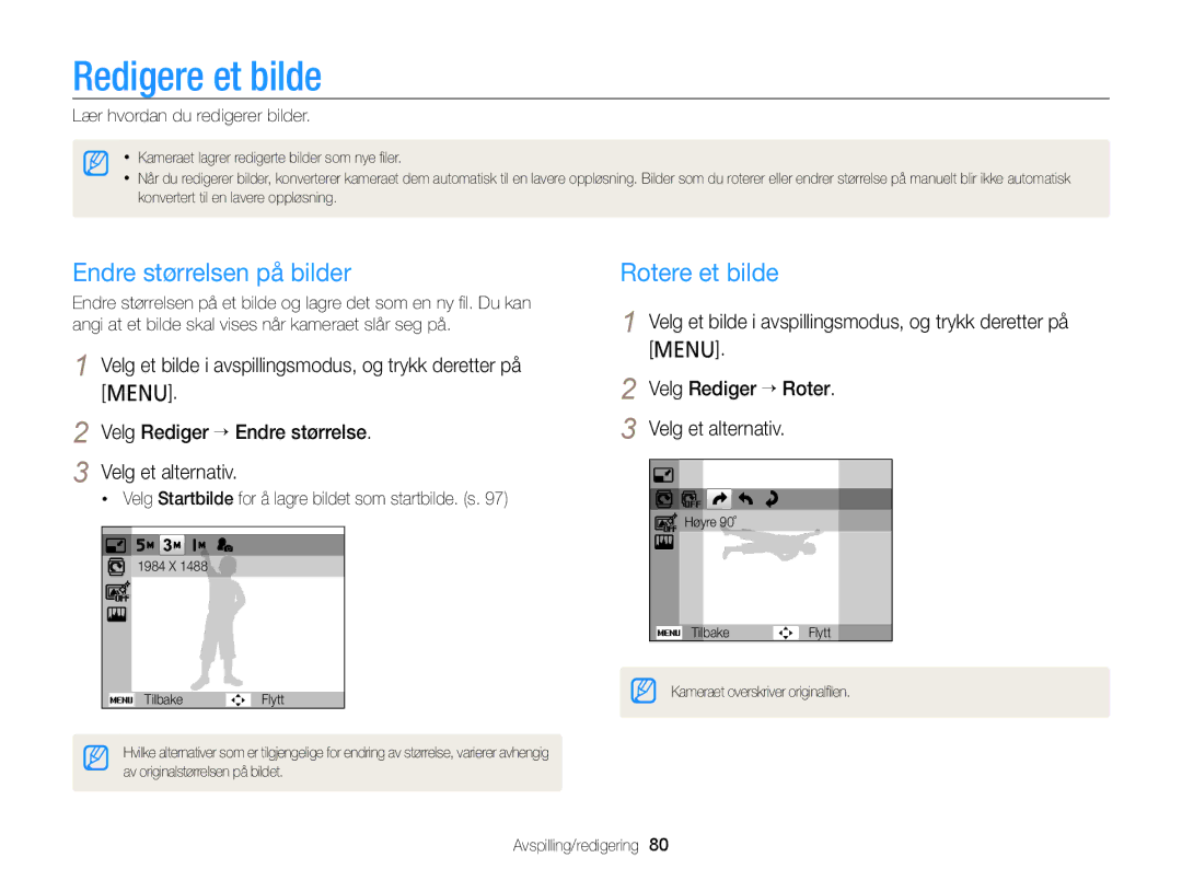 Samsung EC-PL120ZBPLE2 Redigere et bilde, Endre størrelsen på bilder, Rotere et bilde, Lær hvordan du redigerer bilder 