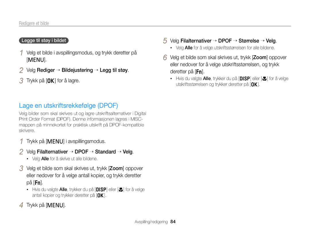 Samsung EC-PL20ZZBPBE2 manual Lage en utskriftsrekkefølge Dpof, Trykk på m Velg Filalternativer “ Dpof “ Størrelse “ Velg 