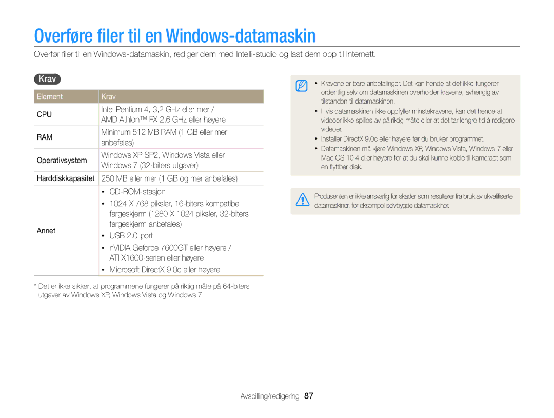 Samsung EC-PL120ZFPBE2, EC-PL120ZBPSE2, EC-PL20ZZBPSE2 manual Overføre ﬁler til en Windows-datamaskin, Element Krav 