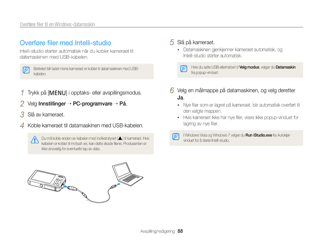 Samsung EC-PL120ZBPBE2, EC-PL120ZBPSE2 manual Overføre ﬁler med Intelli-studio, Overføre ﬁler til en Windows-datamaskin 