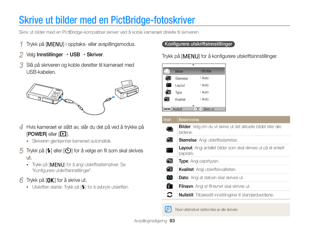 Samsung EC-PL120ZBPLE2, EC-PL120ZBPSE2 manual Skrive ut bilder med en PictBridge-fotoskriver, Trykk på o for å skrive ut 