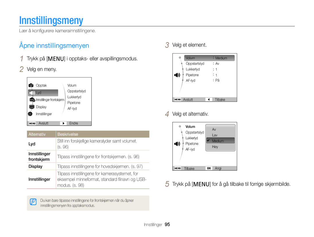 Samsung EC-PL210ZBPBE2, EC-PL120ZBPSE2, EC-PL20ZZBPSE2 manual Innstillingsmeny, Åpne innstillingsmenyen, Velg et element 