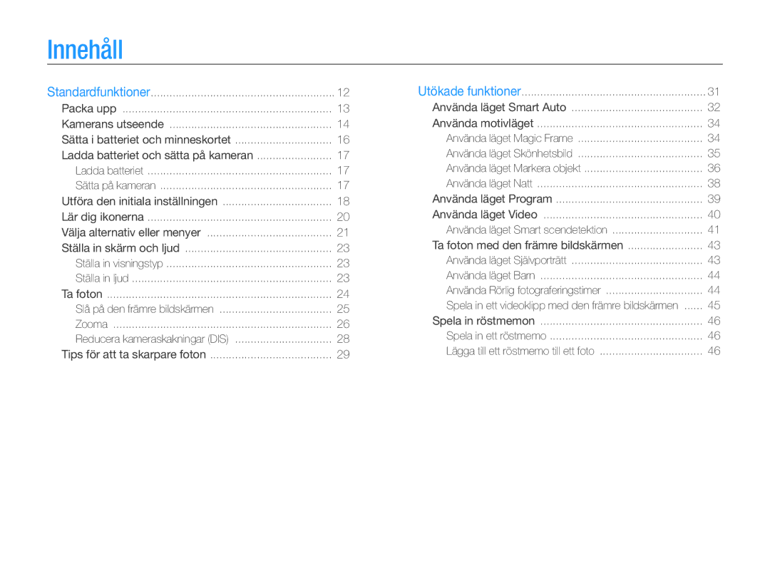 Samsung EC-PL120ZFPBE2, EC-PL120ZBPSE2, EC-PL20ZZBPSE2, EC-PL210ZBPPE2 manual Innehåll, Ta foton med den främre bildskärmen 