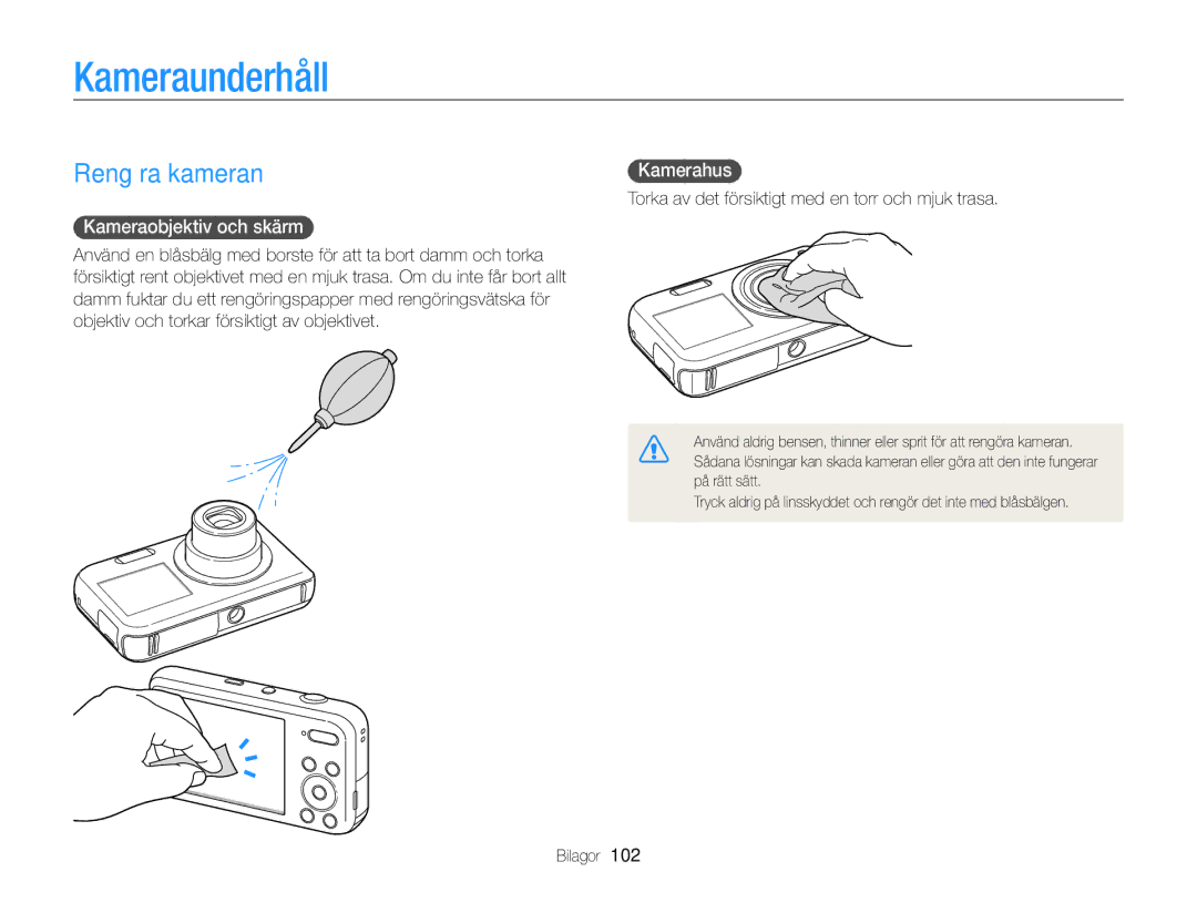 Samsung EC-PL20ZZBPRE2, EC-PL120ZBPSE2 manual Kameraunderhåll, Rengöra kameran, Kameraobjektiv och skärm, Kamerahus 