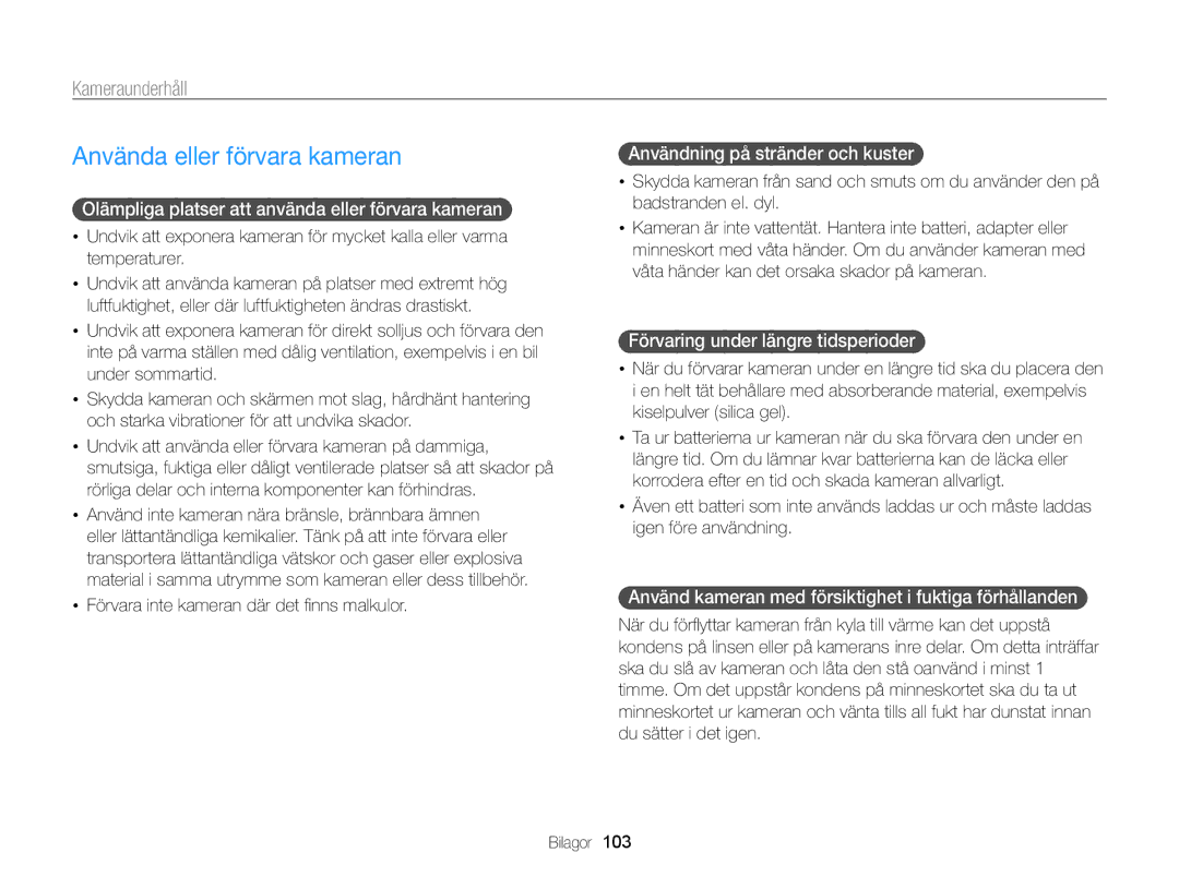 Samsung EC-PL120ZBPSE2, EC-PL20ZZBPSE2, EC-PL210ZBPPE2, EC-PL120ZBPLE2 manual Använda eller förvara kameran, Kameraunderhåll 