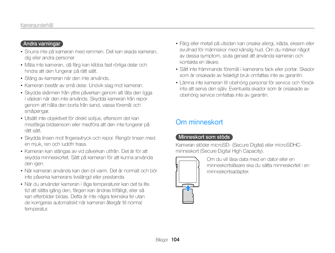 Samsung EC-PL20ZZBPSE2, EC-PL120ZBPSE2, EC-PL210ZBPPE2, EC-PL120ZBPLE2 Om minneskort, Andra varningar, Minneskort som stöds 